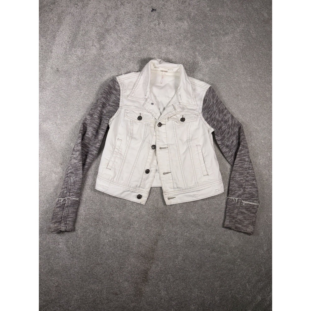Free People Women's Cotton Denim Jean Woven Knit Sleeves Jacket White Gray‎ Xs - Picture 1 of 6